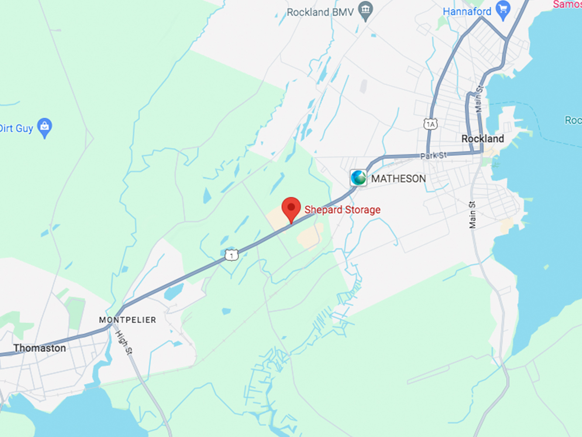 Screenshot of a Google Maps listing of Shepard Storage, sitting between Rockland and Thomaston Maine.
